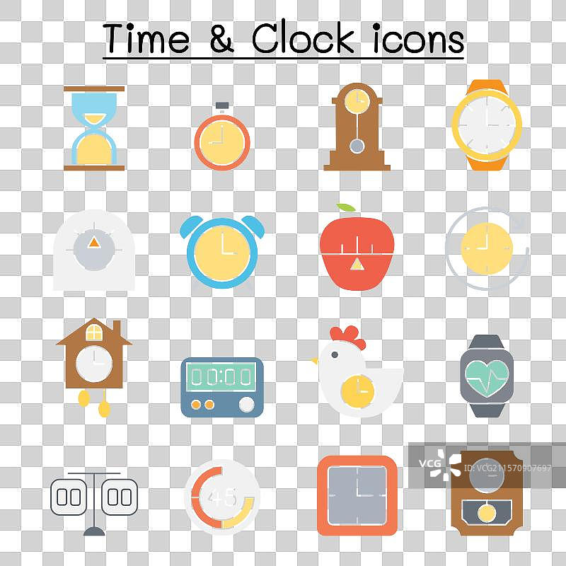 平面色彩风格的时间和时钟图标集图片素材