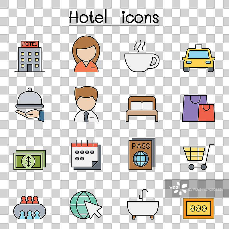 彩色线条风格的酒店图标集图片素材