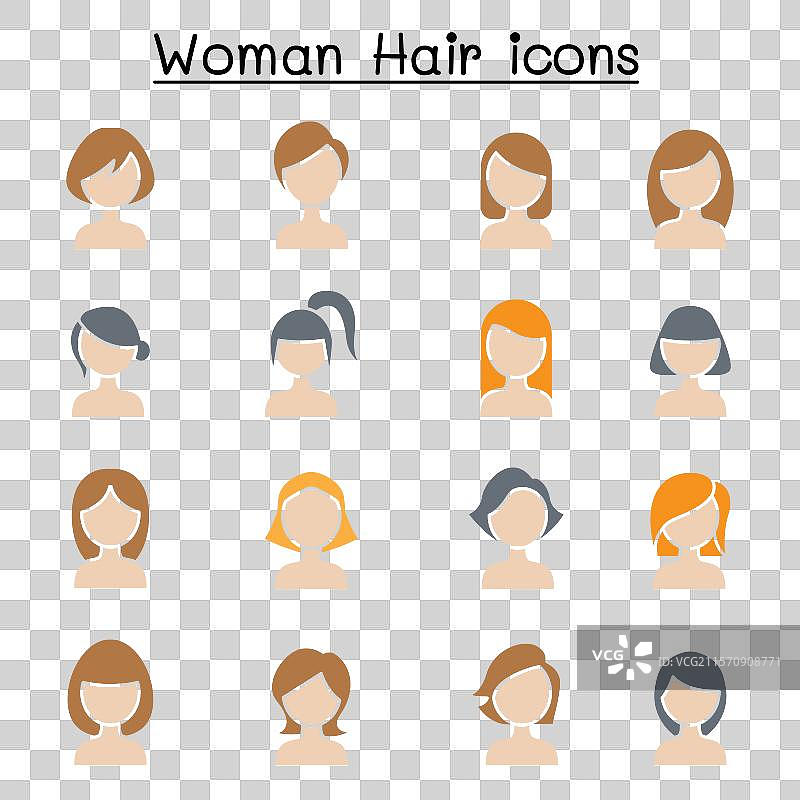 女性发型图标集，采用平面色彩风格图片素材