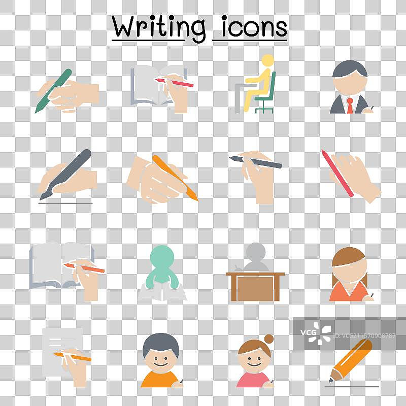 扁平色彩风格的写作图标集图片素材
