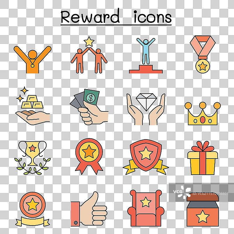 奖励与成功图标集，彩色线条风格图片素材