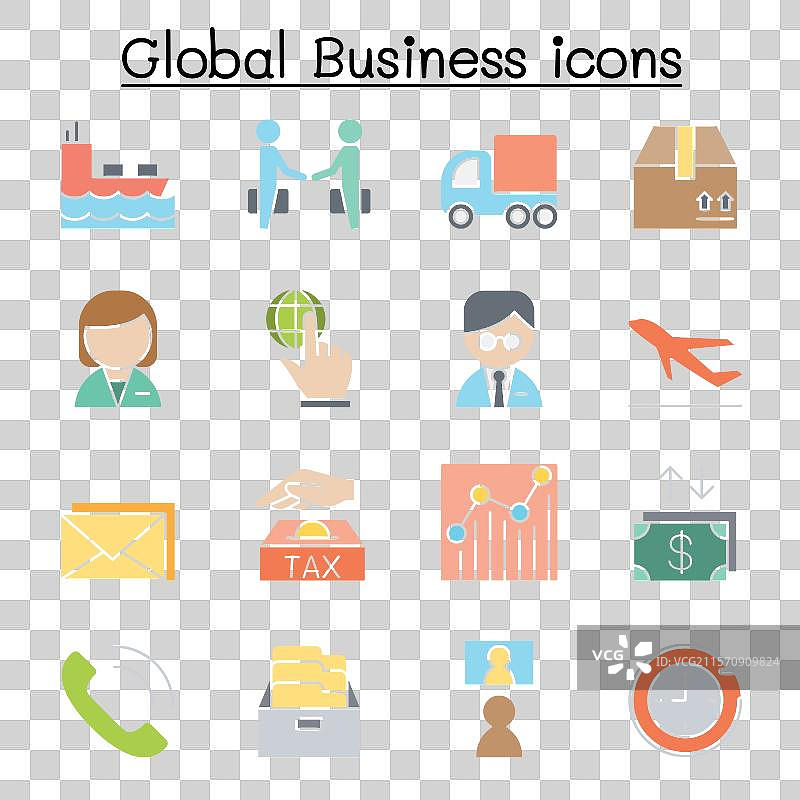 全球商业图标集，扁平化色彩风格图片素材