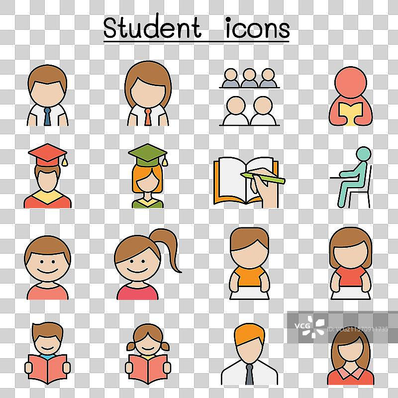 彩色线条风格的学生与教育图标集图片素材