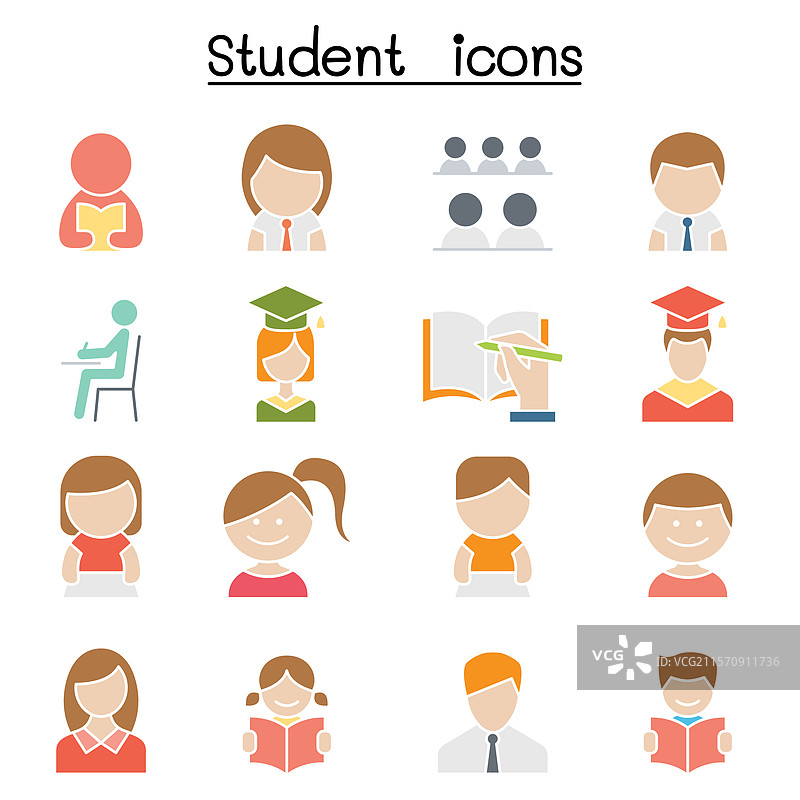 学生和教育图标集，采用平面色彩风格图片素材