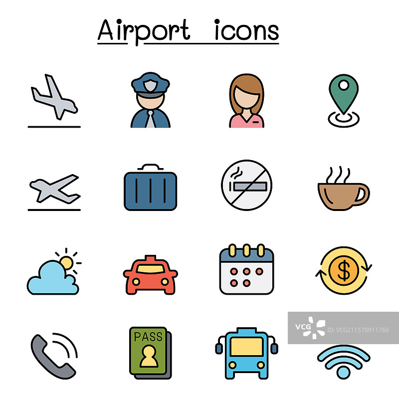 彩色线条风格的机场图标集图片素材