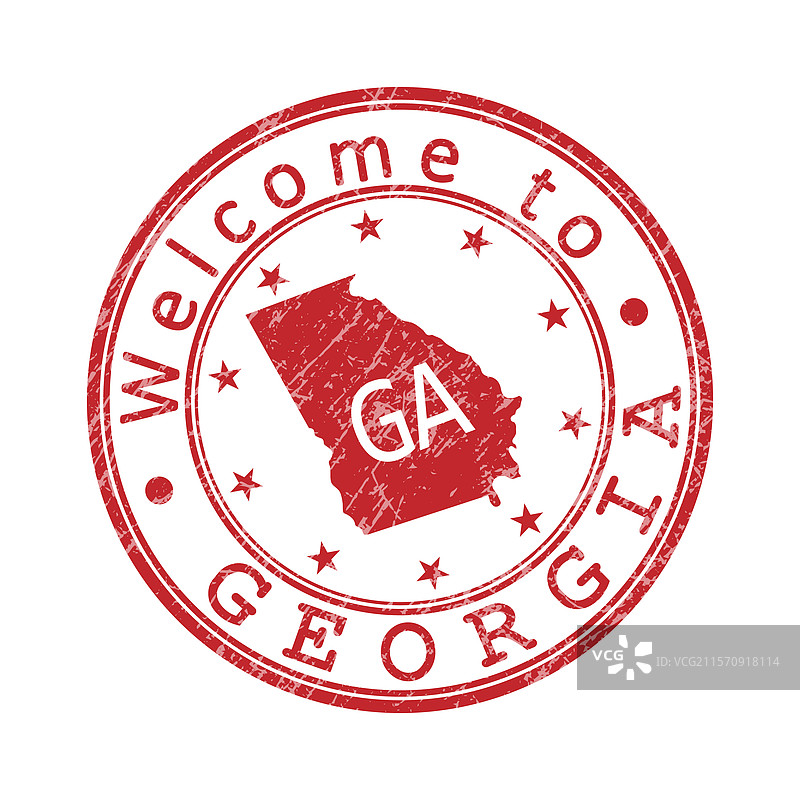 欢迎来到乔治亚州，一个磨损的邮票与轮廓图。图片素材