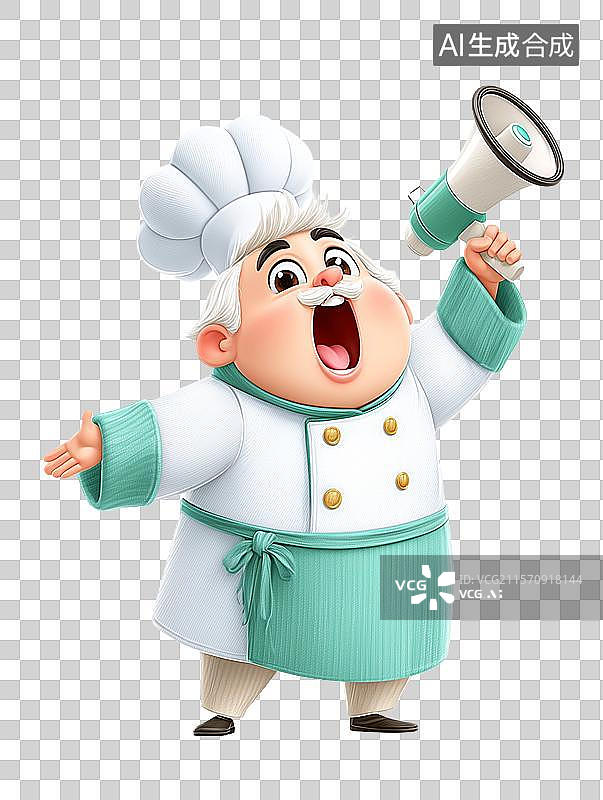 【AI数字艺术】【免抠png素材】一个卡通厨师拿着喇叭在宣传图片素材