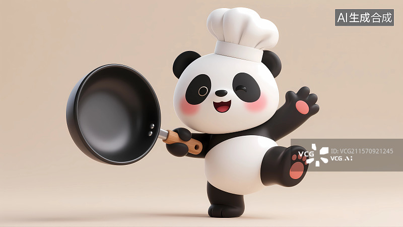 【AI数字艺术】拿炒锅的熊猫厨师3D卡通插画图片素材