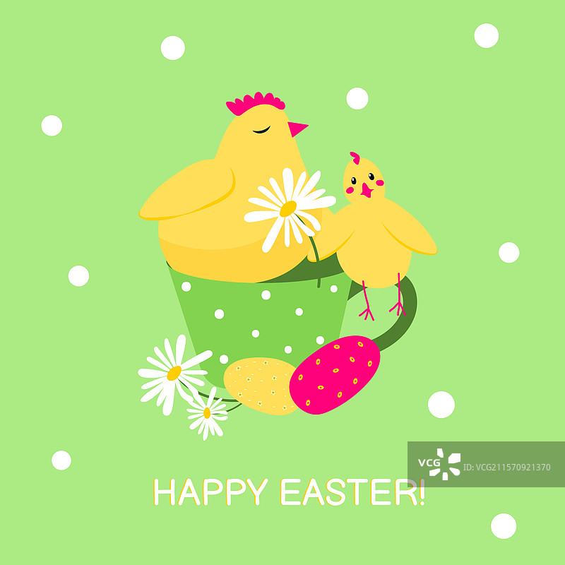 复活节贺卡，可爱的鸡、雏菊和鸡蛋图片素材