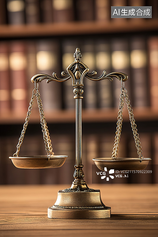 【AI数字艺术】放在桌子上的天平和法律公正概念图片素材