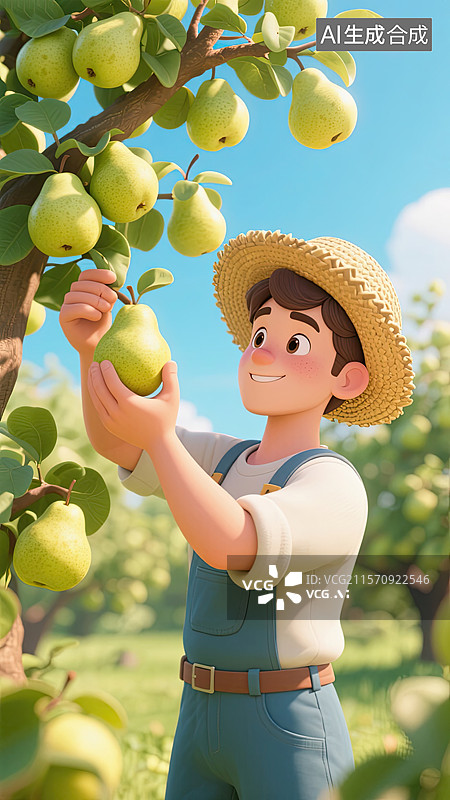 【AI数字艺术】3D，男孩，摘梨，丰收，插画图片素材