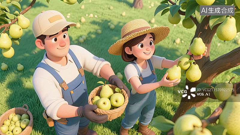 【AI数字艺术】3D，男孩，女孩，摘梨，插画图片素材
