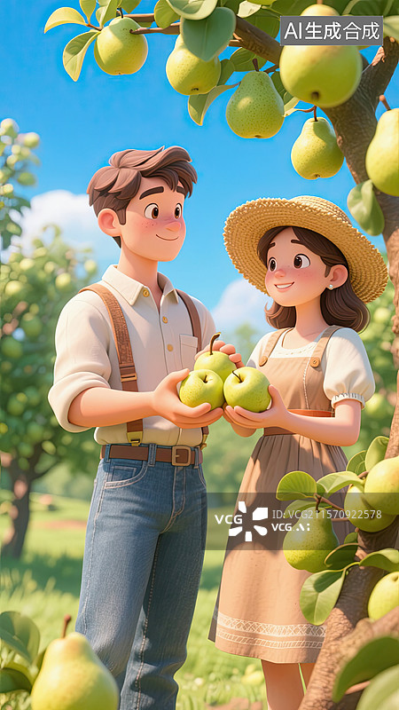 【AI数字艺术】3D，男孩，女孩，摘梨，插画图片素材