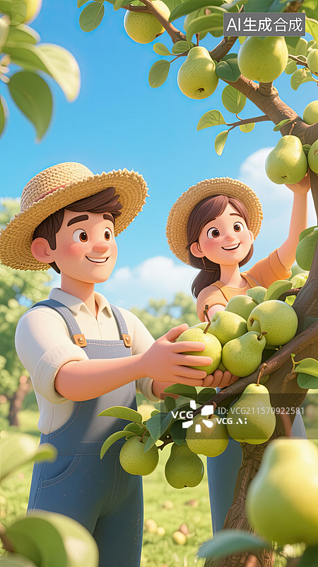【AI数字艺术】3D，男孩，女孩，摘梨，插画图片素材