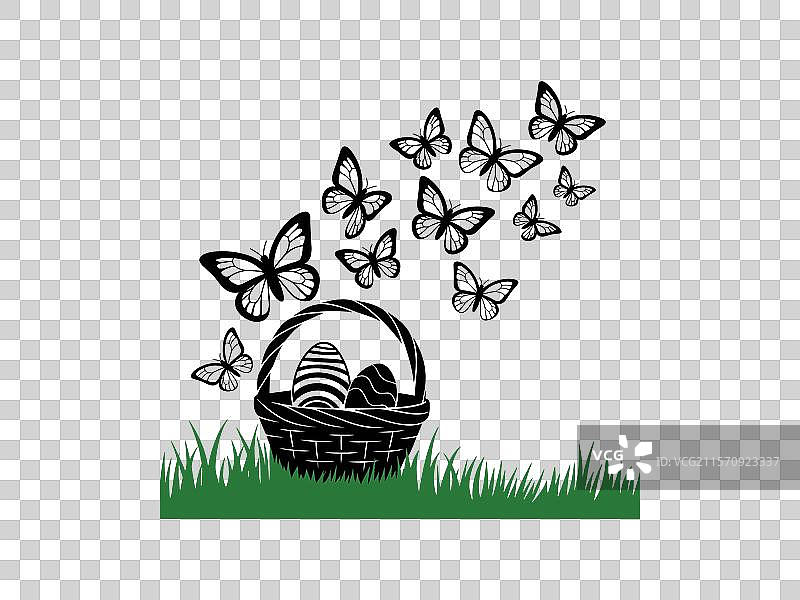 复活节篮子与蝴蝶的线条艺术图片素材