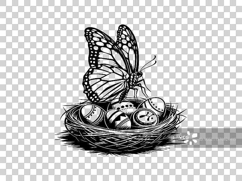 复活节篮子与蝴蝶的线条艺术图片素材