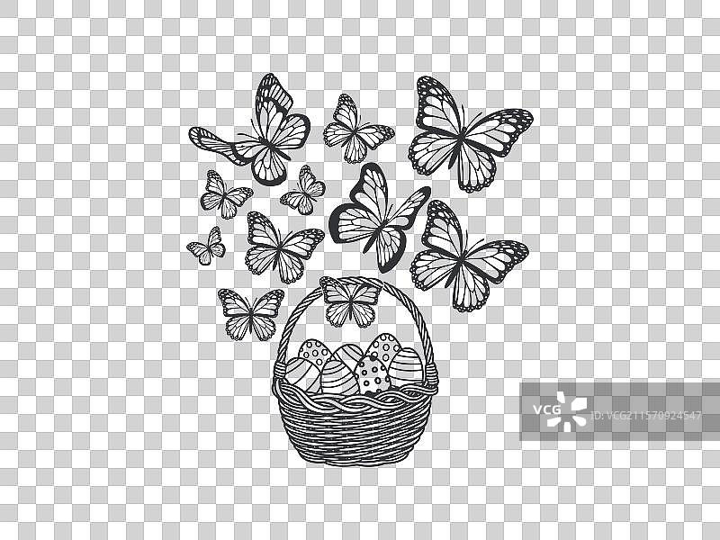 复活节篮子和蝴蝶线条艺术图片素材
