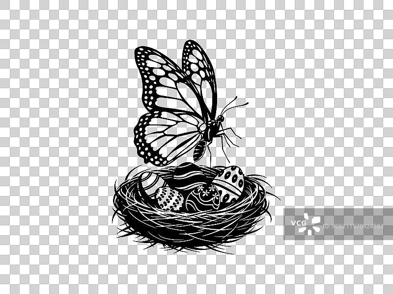 复活节篮子和蝴蝶线条艺术图片素材