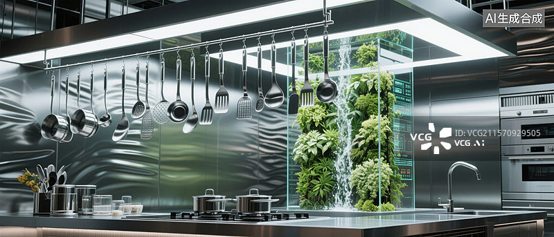 【AI数字艺术】现代厨房中的垂直花园图片素材