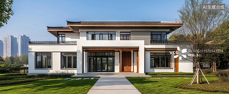 【AI数字艺术】现代中式别墅外观图片素材