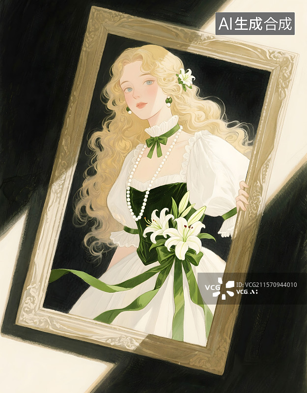 【AI数字艺术】头和身体从相框中走出来的淡金色蓬松长长卷发的美丽女子，白+深绿色复古法式贵族服装，珍珠，百合花图片素材