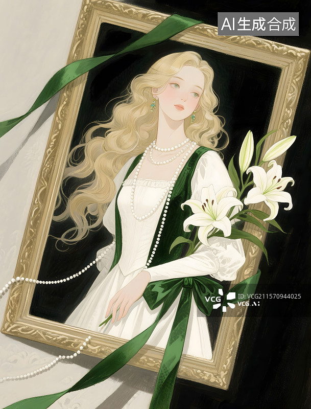 【AI数字艺术】头和身体从相框中走出来的淡金色蓬松长长卷发的美丽女子，白+深绿色复古法式贵族服装，珍珠，百合花图片素材