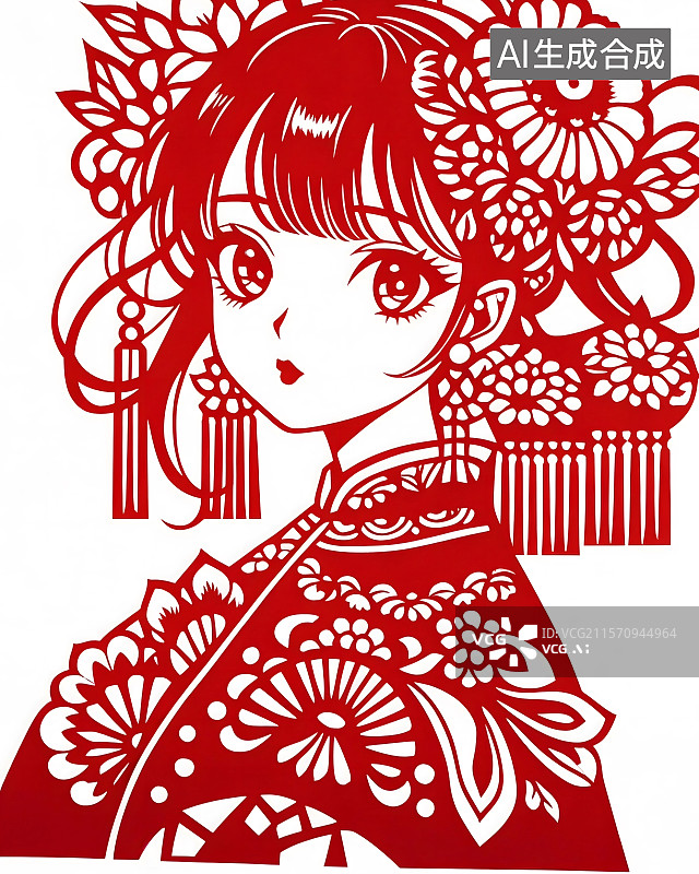 【AI数字艺术】剪纸艺术，二次元女孩图片素材