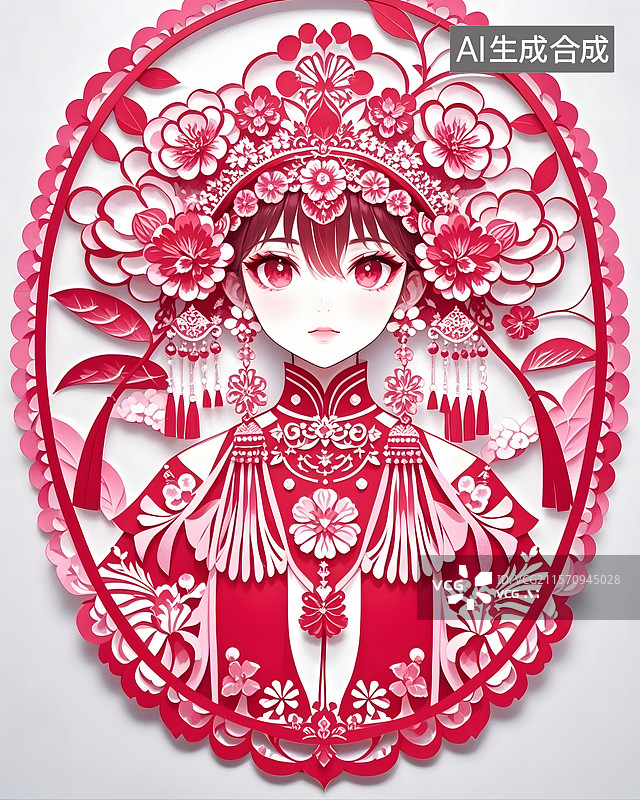 【AI数字艺术】剪纸艺术，二次元女孩图片素材