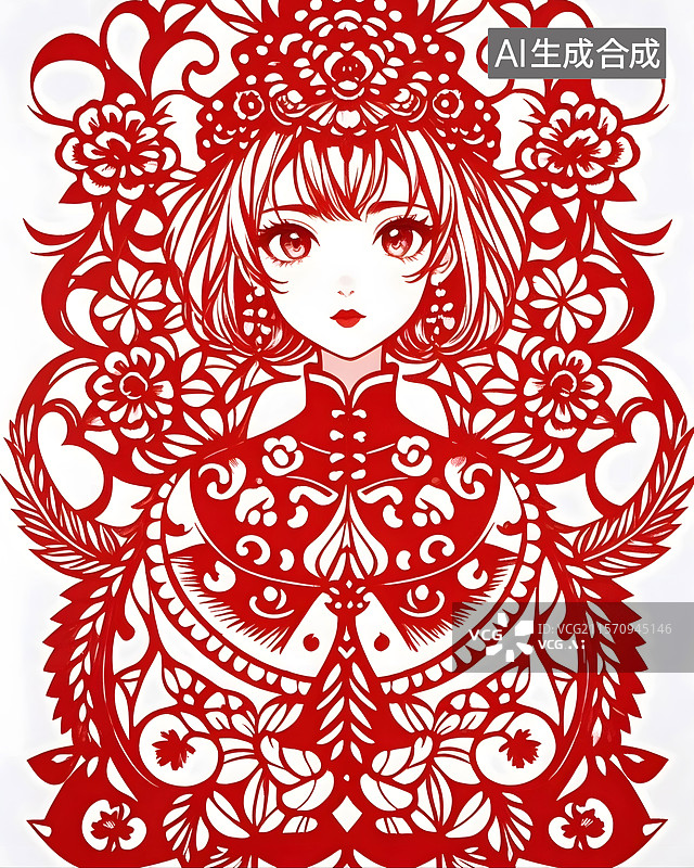 【AI数字艺术】剪纸艺术，二次元女孩图片素材