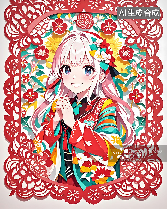 【AI数字艺术】剪纸艺术，二次元女孩图片素材
