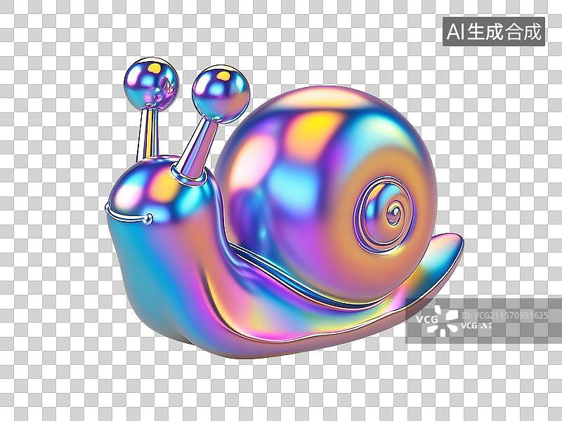 【AI数字艺术】3D渲染，炫彩激光镭射酸性金属质感，可爱的卡通蜗牛，昆虫免抠元素图片素材