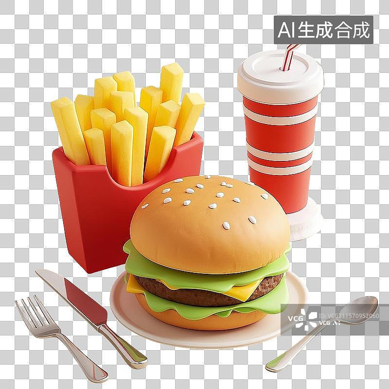 【AI数字艺术】3D渲染，汉堡，薯条，可乐，芝士汉堡，盘子里的汉堡包，卡通快餐美食免抠元素图片素材
