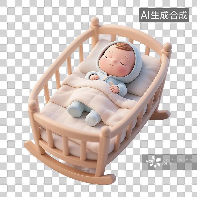 【AI数字艺术】3D渲染可爱的卡通人物，摇篮里的婴儿，婴儿床，新生儿，母婴，免抠元素图片素材