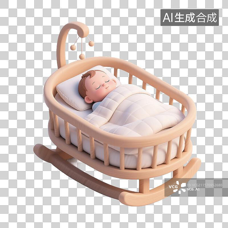 【AI数字艺术】3D渲染可爱的卡通人物，摇篮里的婴儿，婴儿床，新生儿，母婴，免抠元素图片素材