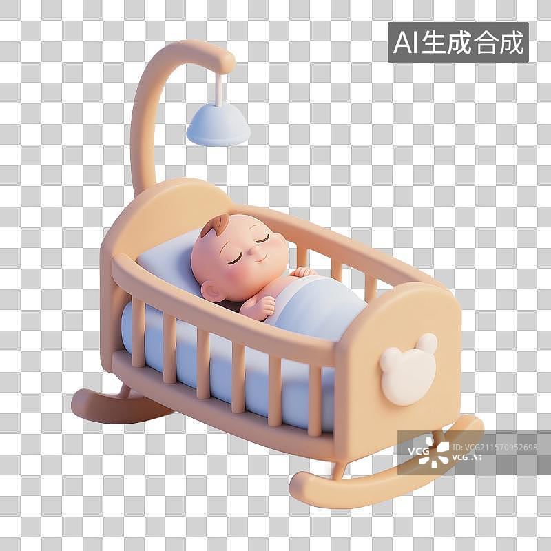 【AI数字艺术】3D渲染可爱的卡通人物，摇篮里的婴儿，婴儿床，新生儿，母婴，免抠元素图片素材