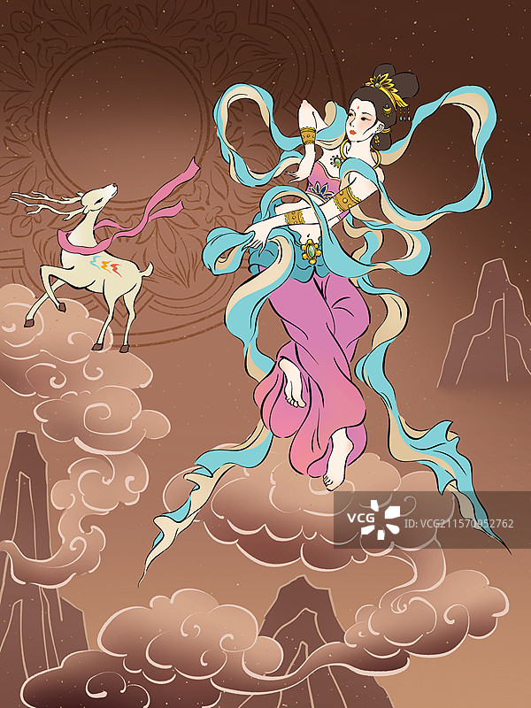 手绘甘肃莫高窟敦煌飞天美女与九色鹿插画图片素材
