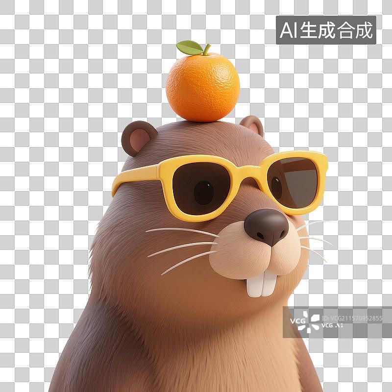 【AI数字艺术】3D渲染可爱的卡通动物，卡皮巴拉，水豚，夏天的卡皮巴拉戴着墨镜，脑袋上顶着一个橘子，免抠元素图片素材
