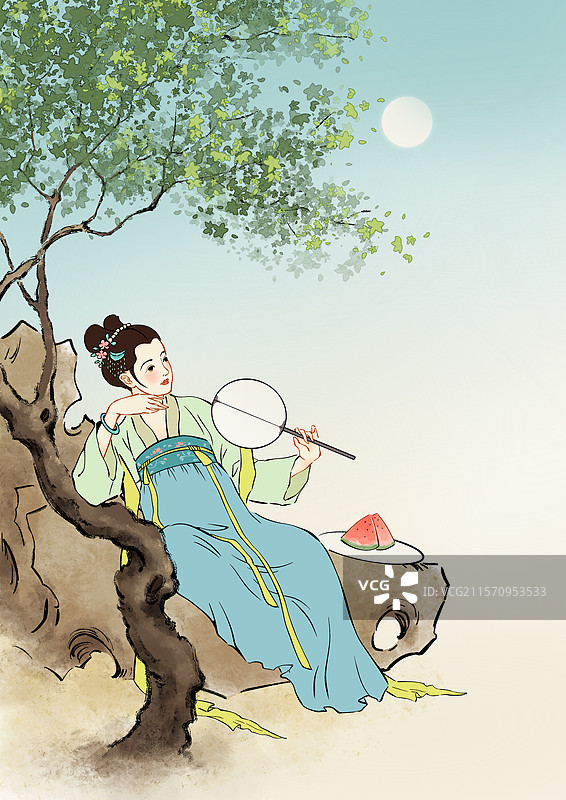 国风手绘炎热的夏天古代美女坐在石头上倚靠着树干在树荫下乘凉的插画素材图片素材