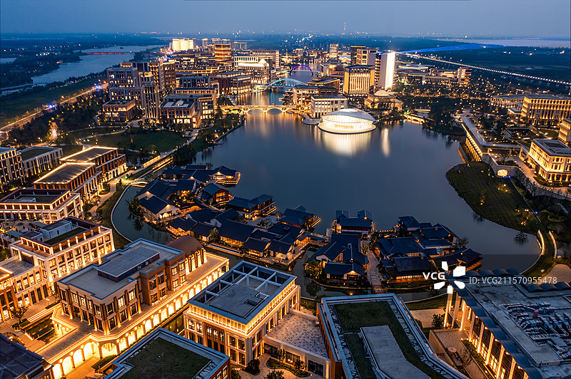 航拍城市夜景风光上海青浦华为研发中心夜景图片素材