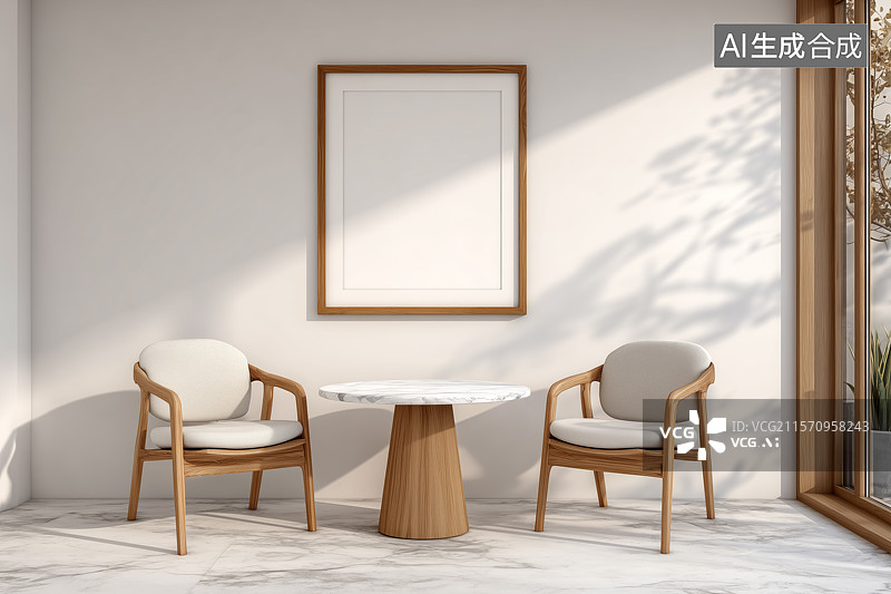 【AI数字艺术】白色简约客厅和空白相框图片素材