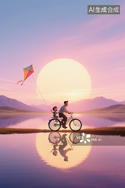 【AI数字艺术】父情节海报，日落 群山下湖面中的小路上爸爸骑行车带着孩子图片素材
