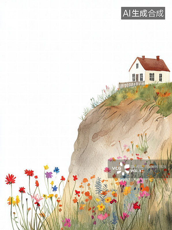 【AI数字艺术】悬崖上的花海小屋图片素材