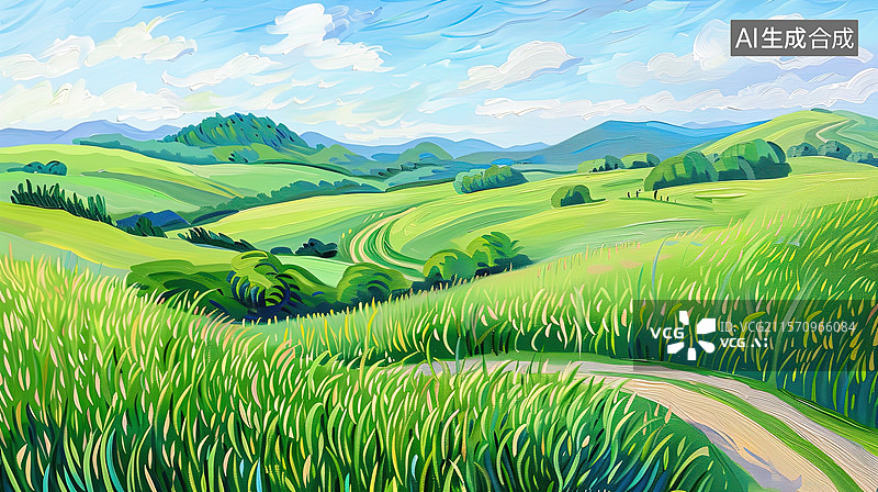 【AI数字艺术】绿意盎然的田野丘陵图片素材