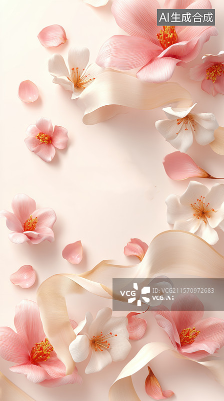 【AI数字艺术】粉色花朵与丝带的装饰图案图片素材