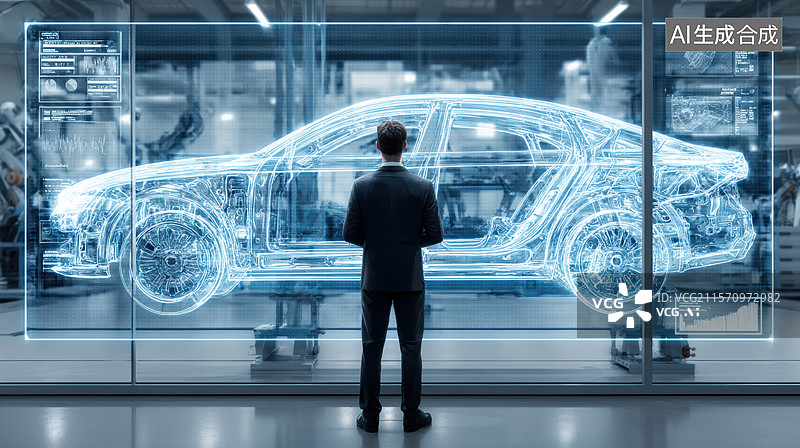 【AI数字艺术】工程师在工厂中查看汽车设计蓝图图片素材