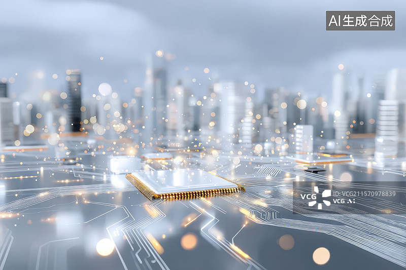【AI数字艺术】芯片电路板延伸未来智慧城市景观图片素材