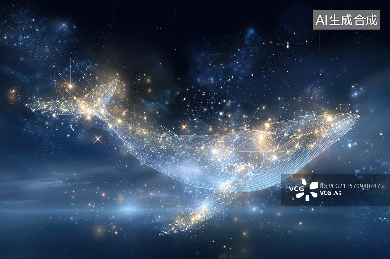 【AI数字艺术】星光鲸鱼遨游梦幻蓝色光影场景图片素材