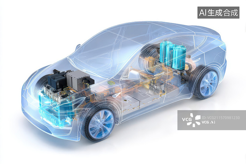 【AI数字艺术】透明电动汽车内部构造科技展示图片素材