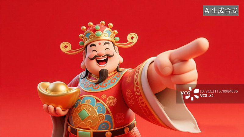 【AI数字艺术】财神手持金元宝指向远方图片素材