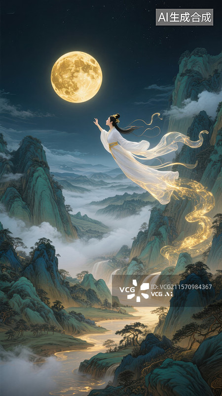 【AI数字艺术】飞天仙女与满月图片素材